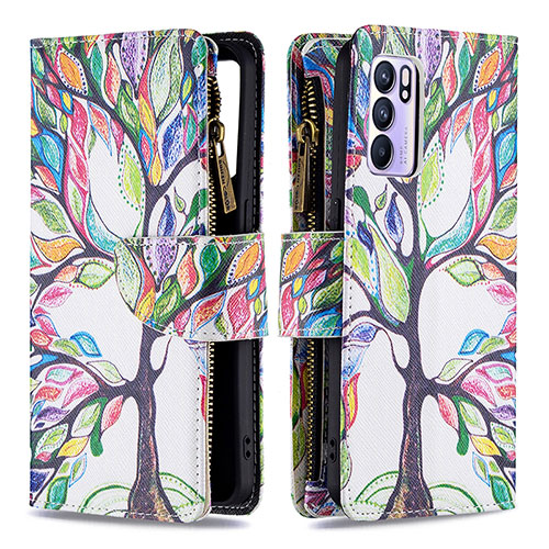 Leather Case Stands Fashionable Pattern Flip Cover Holder B04F for Oppo Reno6 5G Green