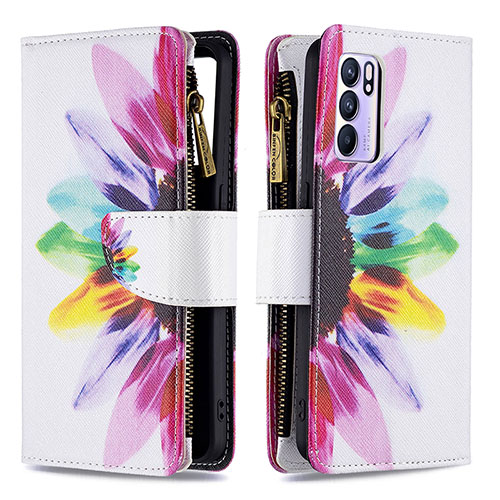 Leather Case Stands Fashionable Pattern Flip Cover Holder B04F for Oppo Reno6 5G Mixed