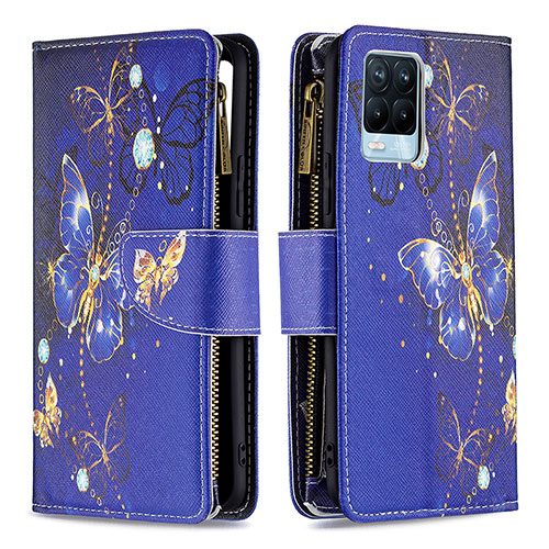 Leather Case Stands Fashionable Pattern Flip Cover Holder B04F for Realme 8 Pro Navy Blue