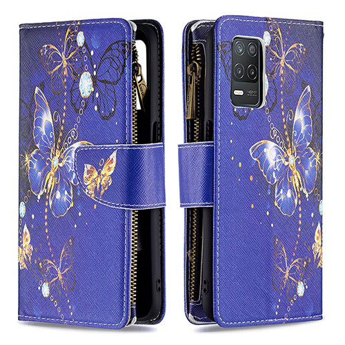 Leather Case Stands Fashionable Pattern Flip Cover Holder B04F for Realme 8s 5G Navy Blue