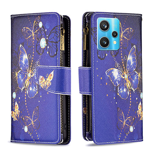 Leather Case Stands Fashionable Pattern Flip Cover Holder B04F for Realme 9 4G Navy Blue