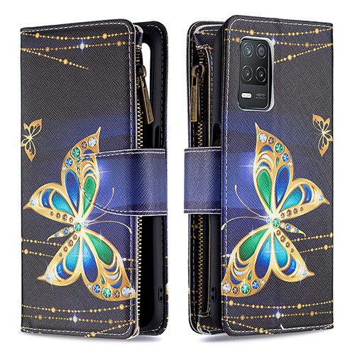 Leather Case Stands Fashionable Pattern Flip Cover Holder B04F for Realme 9 5G India Black