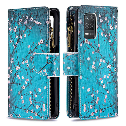 Leather Case Stands Fashionable Pattern Flip Cover Holder B04F for Realme 9 5G India Cyan