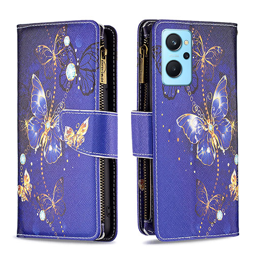 Leather Case Stands Fashionable Pattern Flip Cover Holder B04F for Realme 9i 4G Navy Blue