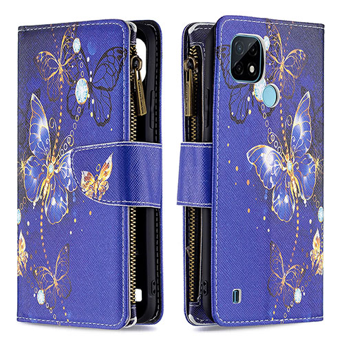 Leather Case Stands Fashionable Pattern Flip Cover Holder B04F for Realme C21 Navy Blue