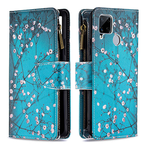 Leather Case Stands Fashionable Pattern Flip Cover Holder B04F for Realme C25S Cyan