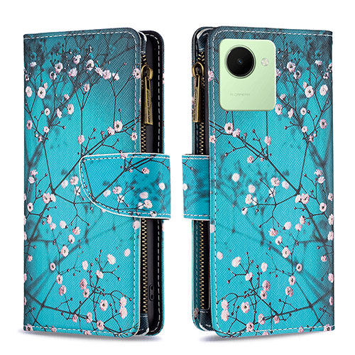 Leather Case Stands Fashionable Pattern Flip Cover Holder B04F for Realme C30s Cyan