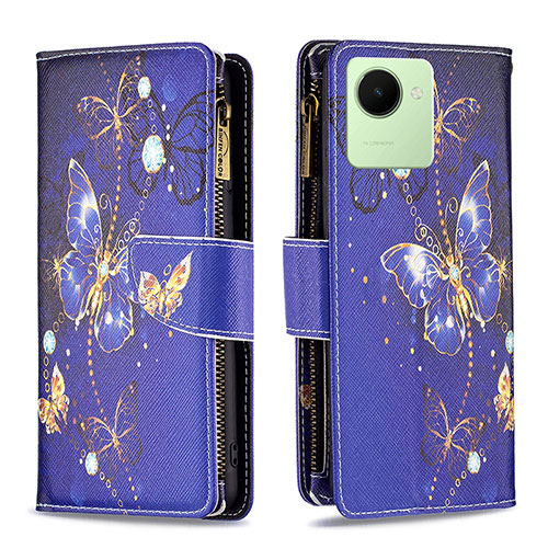 Leather Case Stands Fashionable Pattern Flip Cover Holder B04F for Realme C30s Navy Blue