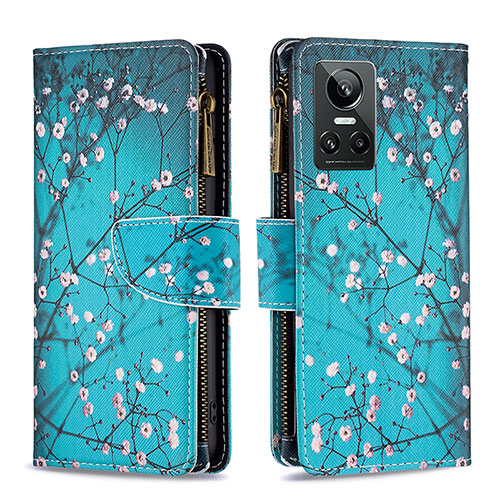 Leather Case Stands Fashionable Pattern Flip Cover Holder B04F for Realme GT Neo3 5G Cyan