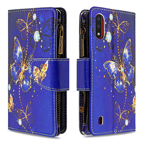 Leather Case Stands Fashionable Pattern Flip Cover Holder B04F for Samsung Galaxy A01 SM-A015 Navy Blue