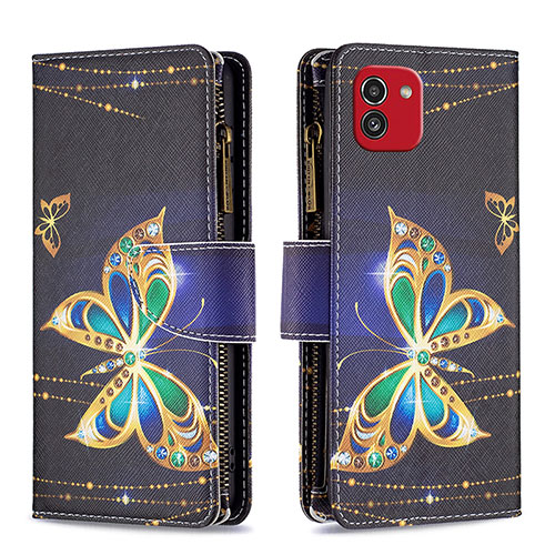 Leather Case Stands Fashionable Pattern Flip Cover Holder B04F for Samsung Galaxy A03 Black