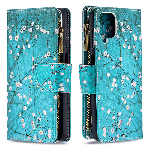 Leather Case Stands Fashionable Pattern Flip Cover Holder B04F for Samsung Galaxy A12 5G Cyan