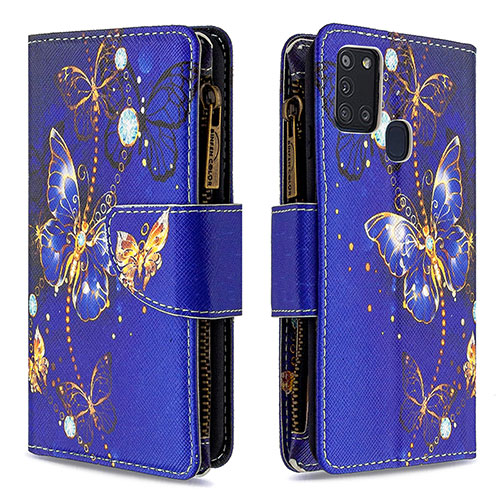 Leather Case Stands Fashionable Pattern Flip Cover Holder B04F for Samsung Galaxy A21s Navy Blue