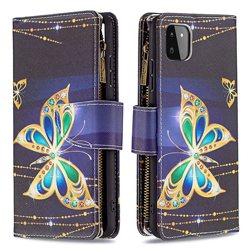 Leather Case Stands Fashionable Pattern Flip Cover Holder B04F for Samsung Galaxy A22 5G Black