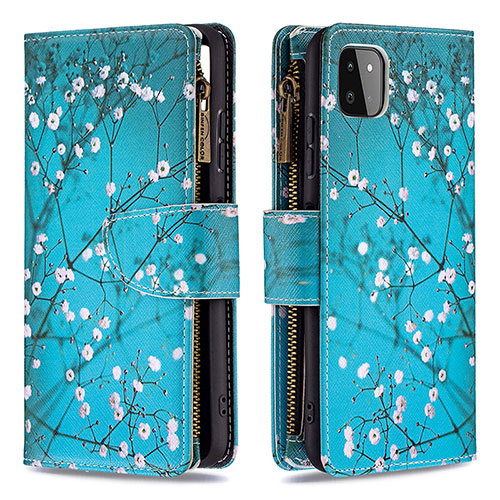 Leather Case Stands Fashionable Pattern Flip Cover Holder B04F for Samsung Galaxy A22s 5G Cyan