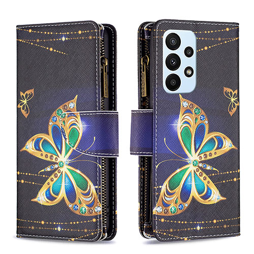 Leather Case Stands Fashionable Pattern Flip Cover Holder B04F for Samsung Galaxy A23 4G Black