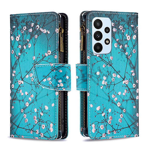 Leather Case Stands Fashionable Pattern Flip Cover Holder B04F for Samsung Galaxy A23 5G Cyan