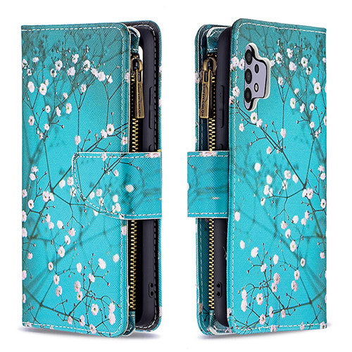 Leather Case Stands Fashionable Pattern Flip Cover Holder B04F for Samsung Galaxy A32 4G Cyan