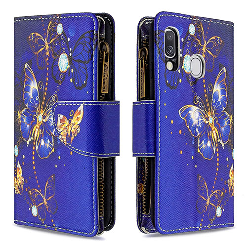 Leather Case Stands Fashionable Pattern Flip Cover Holder B04F for Samsung Galaxy A40 Navy Blue