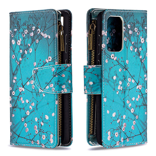 Leather Case Stands Fashionable Pattern Flip Cover Holder B04F for Samsung Galaxy A72 5G Cyan