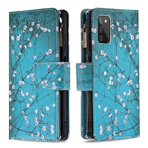 Leather Case Stands Fashionable Pattern Flip Cover Holder B04F for Samsung Galaxy F02S SM-E025F Cyan