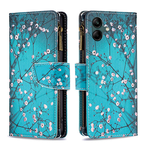 Leather Case Stands Fashionable Pattern Flip Cover Holder B04F for Samsung Galaxy F04 Cyan