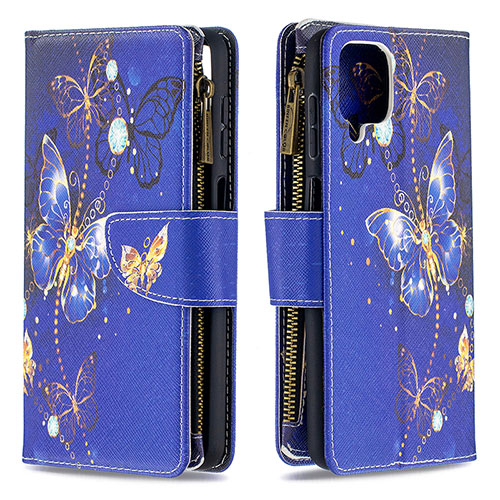 Leather Case Stands Fashionable Pattern Flip Cover Holder B04F for Samsung Galaxy F12 Navy Blue