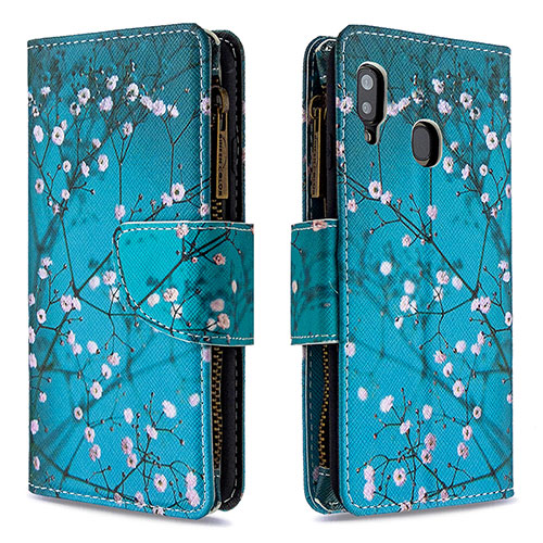 Leather Case Stands Fashionable Pattern Flip Cover Holder B04F for Samsung Galaxy M10S Cyan