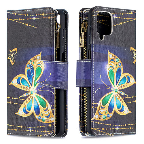 Leather Case Stands Fashionable Pattern Flip Cover Holder B04F for Samsung Galaxy M12 Black