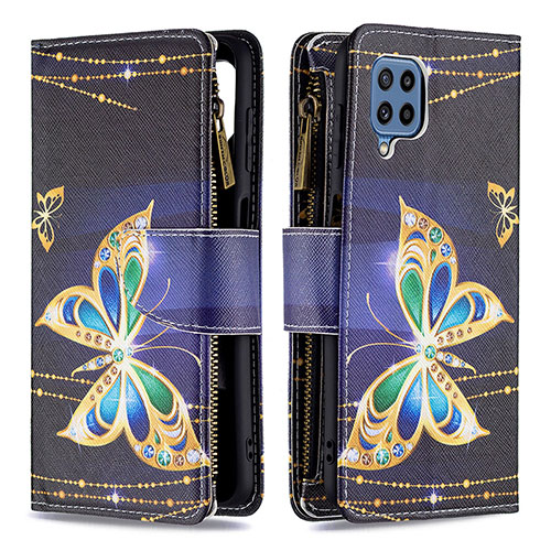 Leather Case Stands Fashionable Pattern Flip Cover Holder B04F for Samsung Galaxy M32 4G Black