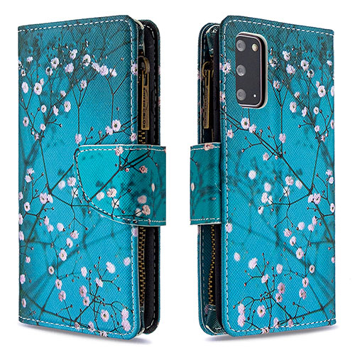 Leather Case Stands Fashionable Pattern Flip Cover Holder B04F for Samsung Galaxy S20 5G Cyan