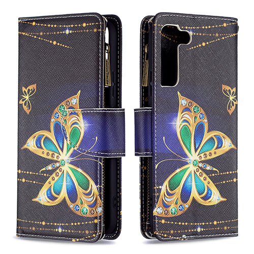 Leather Case Stands Fashionable Pattern Flip Cover Holder B04F for Samsung Galaxy S21 FE 5G Black