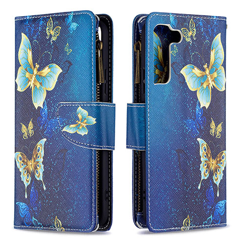 Leather Case Stands Fashionable Pattern Flip Cover Holder B04F for Samsung Galaxy S21 Plus 5G Blue