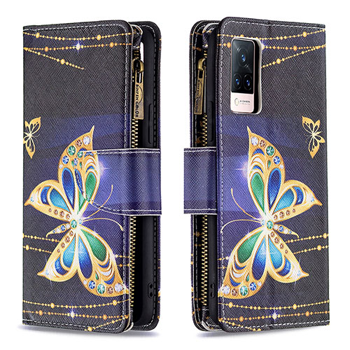 Leather Case Stands Fashionable Pattern Flip Cover Holder B04F for Vivo V21 5G Black