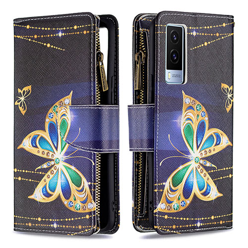 Leather Case Stands Fashionable Pattern Flip Cover Holder B04F for Vivo V21e 5G Black