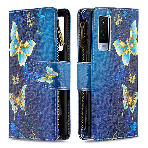 Leather Case Stands Fashionable Pattern Flip Cover Holder B04F for Vivo V21e 5G Blue