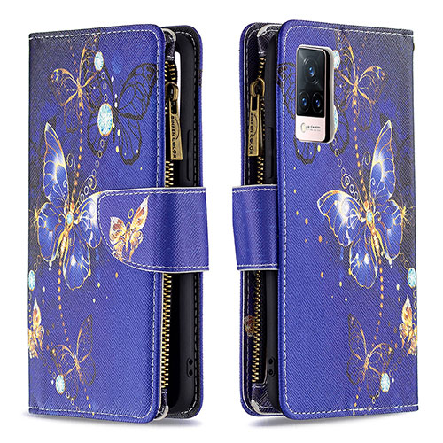 Leather Case Stands Fashionable Pattern Flip Cover Holder B04F for Vivo V21s 5G Navy Blue