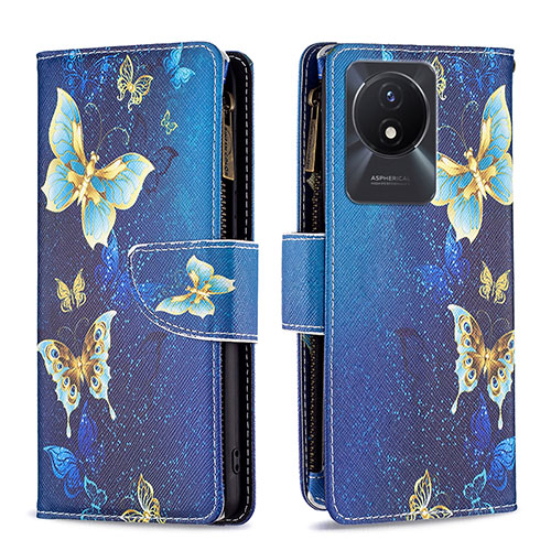 Leather Case Stands Fashionable Pattern Flip Cover Holder B04F for Vivo Y02A Blue