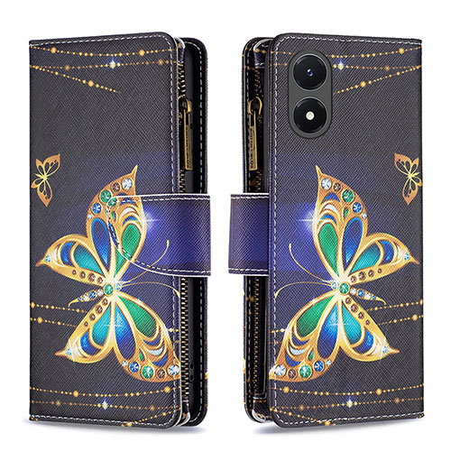 Leather Case Stands Fashionable Pattern Flip Cover Holder B04F for Vivo Y02S Black