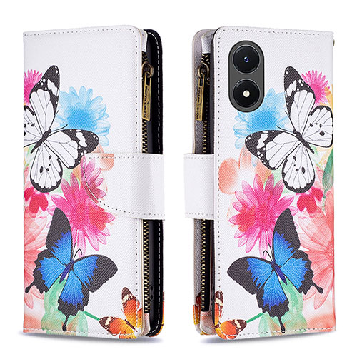 Leather Case Stands Fashionable Pattern Flip Cover Holder B04F for Vivo Y02S Colorful