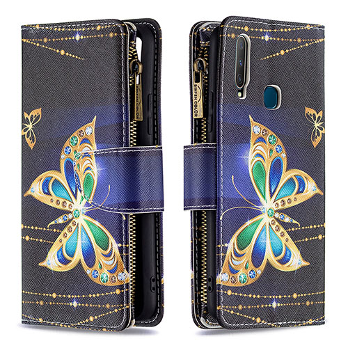 Leather Case Stands Fashionable Pattern Flip Cover Holder B04F for Vivo Y11 Black