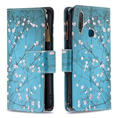 Leather Case Stands Fashionable Pattern Flip Cover Holder B04F for Vivo Y11 Cyan