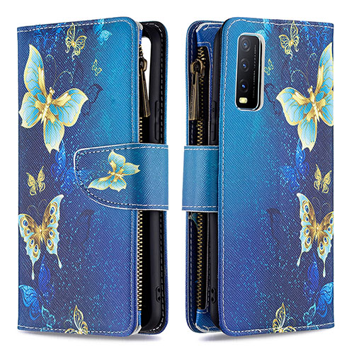 Leather Case Stands Fashionable Pattern Flip Cover Holder B04F for Vivo Y12s (2021) Blue