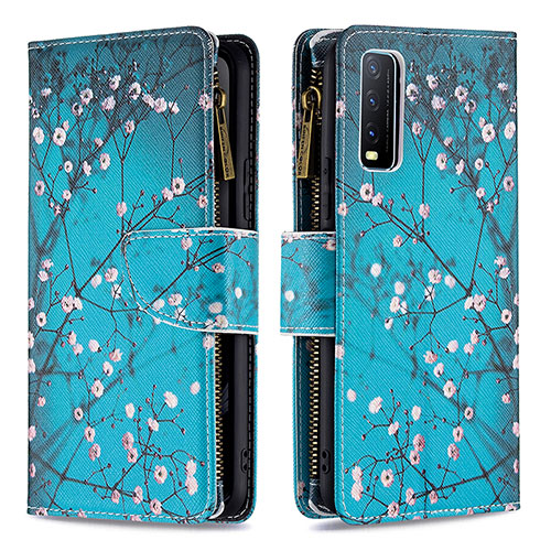 Leather Case Stands Fashionable Pattern Flip Cover Holder B04F for Vivo Y20a Cyan