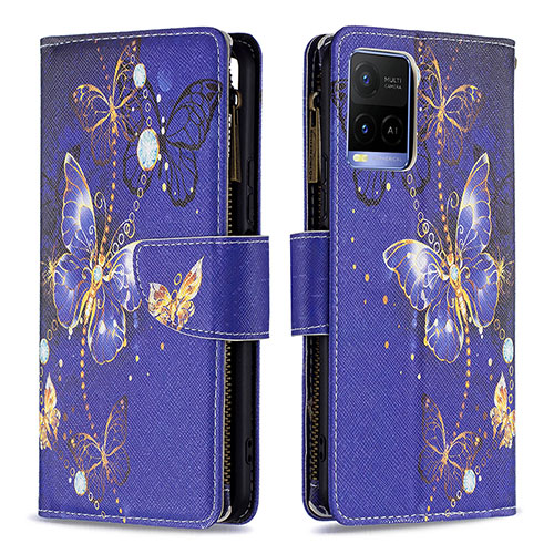 Leather Case Stands Fashionable Pattern Flip Cover Holder B04F for Vivo Y21a Navy Blue