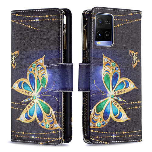 Leather Case Stands Fashionable Pattern Flip Cover Holder B04F for Vivo Y21G Black