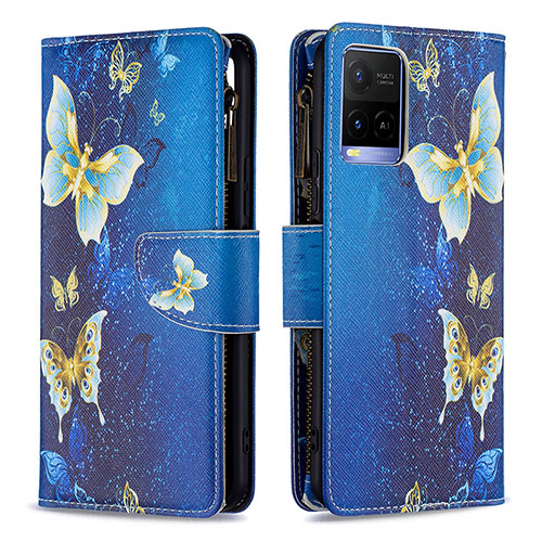 Leather Case Stands Fashionable Pattern Flip Cover Holder B04F for Vivo Y21s Blue