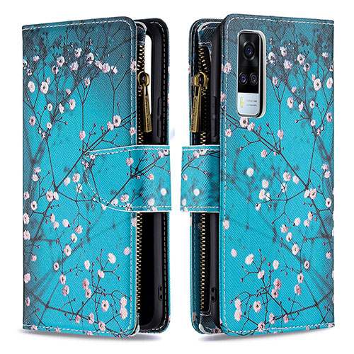 Leather Case Stands Fashionable Pattern Flip Cover Holder B04F for Vivo Y31 (2021) Cyan