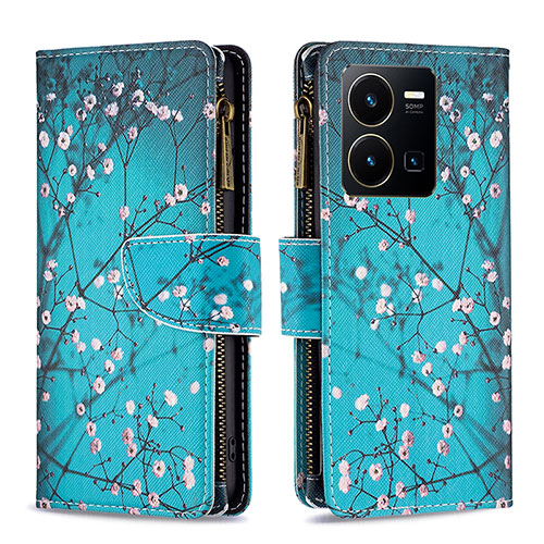 Leather Case Stands Fashionable Pattern Flip Cover Holder B04F for Vivo Y35 4G Cyan