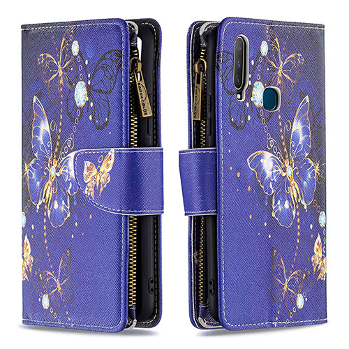 Leather Case Stands Fashionable Pattern Flip Cover Holder B04F for Vivo Y3s Navy Blue